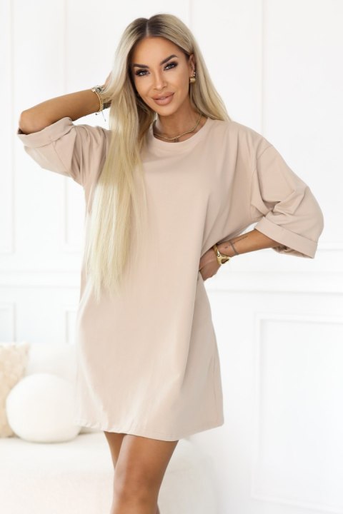 666-1 Bawełniana luźna sukienka oversize z krótkim rękawem - beżowa Numoco basic