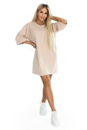 666-1 Bawełniana luźna sukienka oversize z krótkim rękawem - beżowa Numoco basic