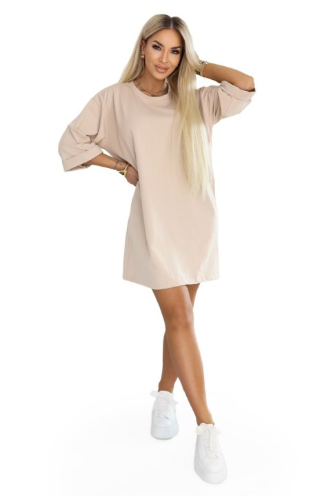 666-1 Bawełniana luźna sukienka oversize z krótkim rękawem - beżowa Numoco basic