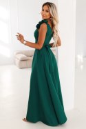 643-1 Elegancka wieczorowa suknia maxi z rozcięciem i różami - butelkowa zieleń Numoco