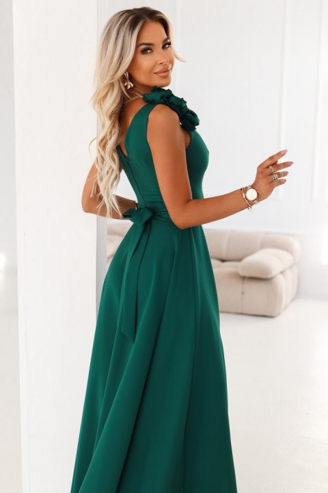 643-1 Elegancka wieczorowa suknia maxi z rozcięciem i różami - butelkowa zieleń Numoco