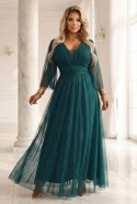 654-1 Długa połyskująca sukienka plus size z dekoltem i transparentnym rękawkiem - zieleń butelkowa Numoco basic