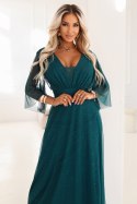 654-1 Długa połyskująca sukienka plus size z dekoltem i transparentnym rękawkiem - zieleń butelkowa Numoco basic