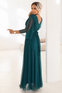654-1 Długa połyskująca sukienka plus size z dekoltem i transparentnym rękawkiem - zieleń butelkowa Numoco basic