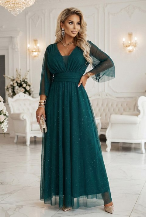 654-1 Długa połyskująca sukienka plus size z dekoltem i transparentnym rękawkiem - zieleń butelkowa Numoco basic