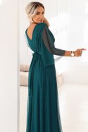 654-1 Długa połyskująca sukienka plus size z dekoltem i transparentnym rękawkiem - zieleń butelkowa Numoco basic