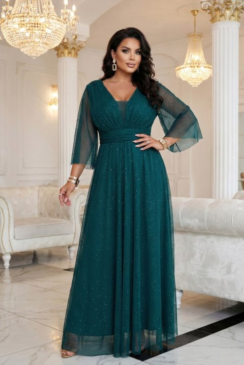 654-1 Długa połyskująca sukienka plus size z dekoltem i transparentnym rękawkiem - zieleń butelkowa Numoco basic