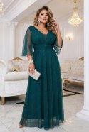 654-1 Długa połyskująca sukienka plus size z dekoltem i transparentnym rękawkiem - zieleń butelkowa Numoco basic