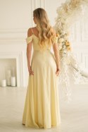 Elegancka Żółta Sukienka Z Drapowaniem, Rozcięciem I Błyszczącą Tkaniną 330-14 - żółty