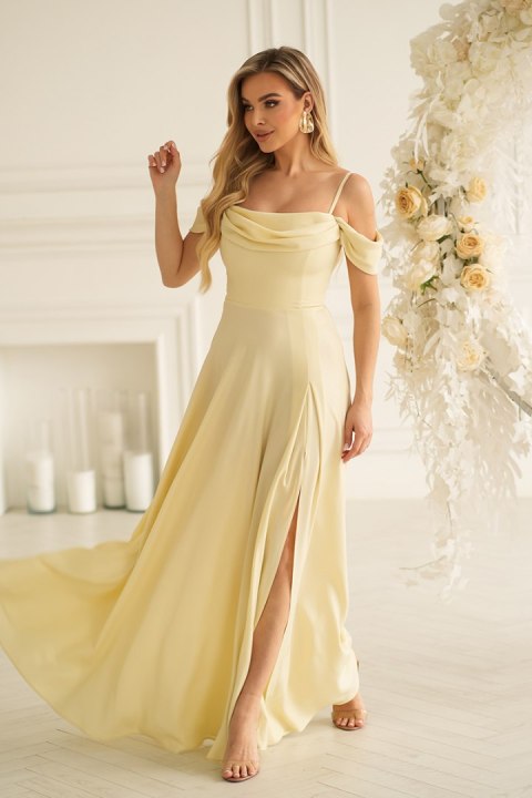 Elegancka Żółta Sukienka Z Drapowaniem, Rozcięciem I Błyszczącą Tkaniną 330-14 - żółty