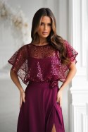 Elegancka Bordowa Sukienka Na Ramiączkach Z Cekinowym Bolerkiem 333-10 - bordowy