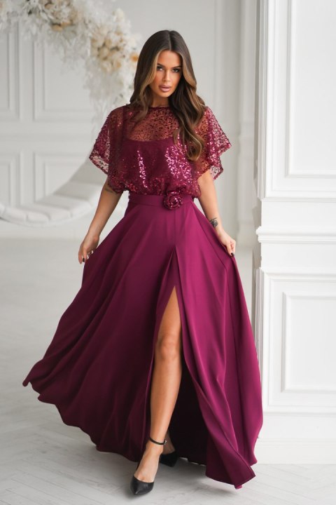 Elegancka Bordowa Sukienka Na Ramiączkach Z Cekinowym Bolerkiem 333-10 - bordowy