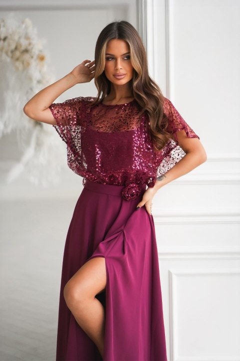 Elegancka Bordowa Sukienka Na Ramiączkach Z Cekinowym Bolerkiem 333-10 - bordowy