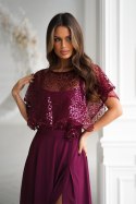Elegancka Bordowa Sukienka Na Ramiączkach Z Cekinowym Bolerkiem 333-10 - bordowy