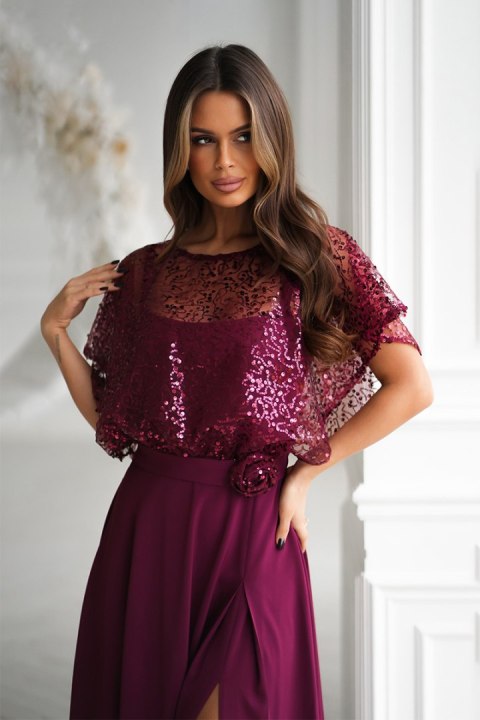 Elegancka Bordowa Sukienka Na Ramiączkach Z Cekinowym Bolerkiem 333-10 - bordowy