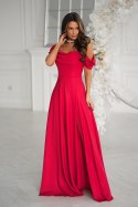 Elegancka Czerwona Sukienka Z Drapowaniem, Rozcięciem I Błyszczącą Tkaniną 330-02 - czerwony