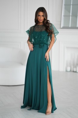 Elegancka Zielona Sukienka Na Ramiączkach Z Cekinowym Bolerkiem 333-13 - butelkowy