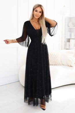 654-5 Długa połyskująca sukienka plus size z dekoltem i transparentnym rękawkiem - czarna Numoco basic