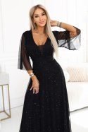 654-5 Długa połyskująca sukienka plus size z dekoltem i transparentnym rękawkiem - czarna Numoco basic