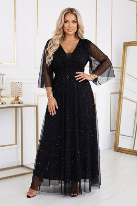 654-5 Długa połyskująca sukienka plus size z dekoltem i transparentnym rękawkiem - czarna Numoco basic