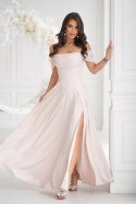 Elegancka Beżowa Sukienka Z Drapowaniem, Rozcięciem I Błyszczącą Tkaniną 330-21 - beżowy