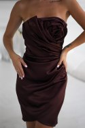 Elegancka Mini Sukienka Z Drapowaną Różą W Kolorze Czekoladowym 337-61 - czekoladowy