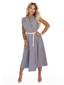 596-5 Elegancka szmizjerka midi ze złotymi guzikami i paskiem - szara Numoco basic