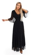 654-5 Długa połyskująca sukienka plus size z dekoltem i transparentnym rękawkiem - czarna Numoco basic