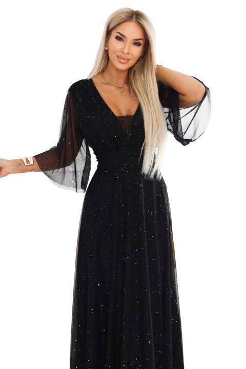 654-5 Długa połyskująca sukienka plus size z dekoltem i transparentnym rękawkiem - czarna Numoco basic