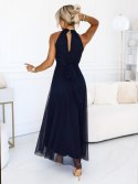 662-3 Elegancka sukienka wieczorowa maxi halter z tiulem i wiązaniem w talii - granatowa Numoco basic