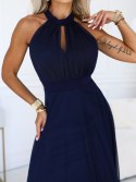 662-3 Elegancka sukienka wieczorowa maxi halter z tiulem i wiązaniem w talii - granatowa Numoco basic