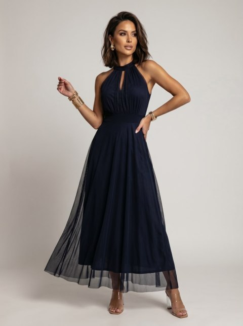 662-3 Elegancka sukienka wieczorowa maxi halter z tiulem i wiązaniem w talii - granatowa Numoco basic