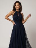662-3 Elegancka sukienka wieczorowa maxi halter z tiulem i wiązaniem w talii - granatowa Numoco basic