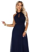 662-3 Elegancka sukienka wieczorowa maxi halter z tiulem i wiązaniem w talii - granatowa Numoco basic