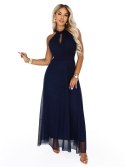 662-3 Elegancka sukienka wieczorowa maxi halter z tiulem i wiązaniem w talii - granatowa Numoco basic