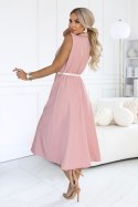 596-6 Elegancka szmizjerka midi ze złotymi guzikami i paskiem - pudrowy róż Numoco basic