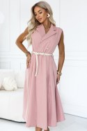 596-6 Elegancka szmizjerka midi ze złotymi guzikami i paskiem - pudrowy róż Numoco basic