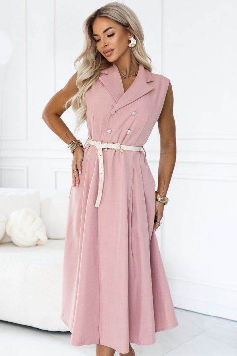 596-6 Elegancka szmizjerka midi ze złotymi guzikami i paskiem - pudrowy róż Numoco basic