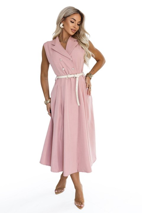 596-6 Elegancka szmizjerka midi ze złotymi guzikami i paskiem - pudrowy róż Numoco basic