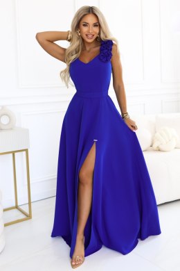 643-8 Elegancka wieczorowa suknia maxi z rozcięciem i różami - chabrowa Numoco
