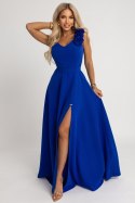 643-8 Elegancka wieczorowa suknia maxi z rozcięciem i różami - chabrowa Numoco