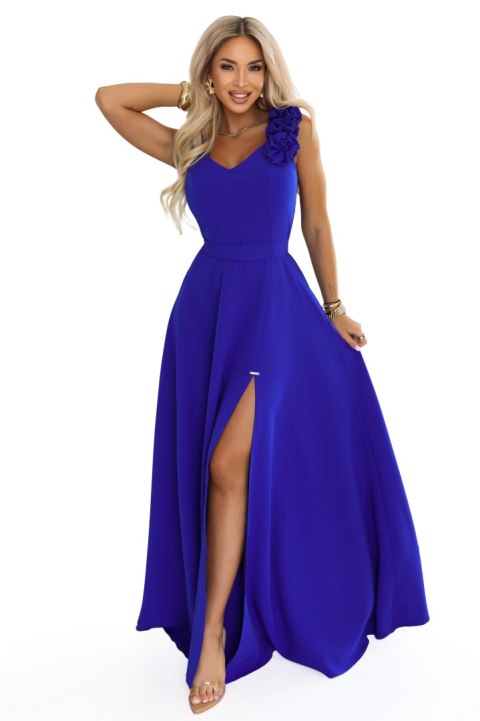 643-8 Elegancka wieczorowa suknia maxi z rozcięciem i różami - chabrowa Numoco