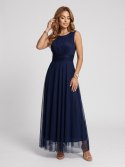 678-4 ELIRA długa sukienka tiulowa maxi z okrągłym dekoltem - granatowa Numoco basic