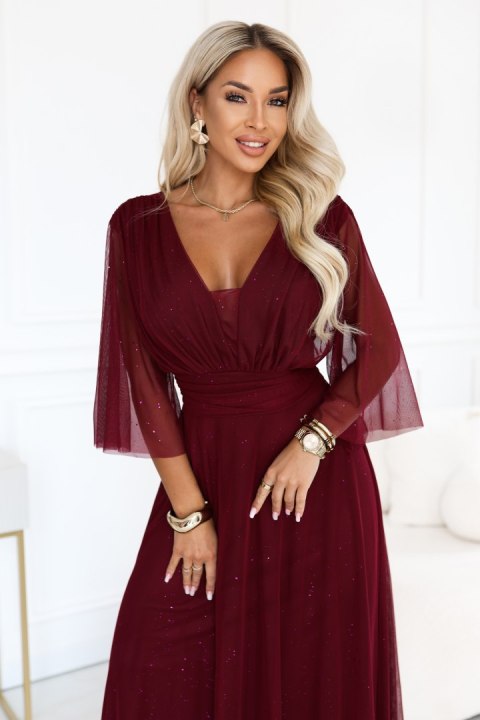 654-6 Długa połyskująca sukienka plus size z dekoltem i transparentnym rękawkiem - bordowa Numoco basic
