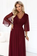 654-6 Długa połyskująca sukienka plus size z dekoltem i transparentnym rękawkiem - bordowa Numoco basic