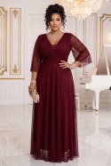 654-6 Długa połyskująca sukienka plus size z dekoltem i transparentnym rękawkiem - bordowa Numoco basic