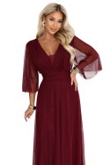 654-6 Długa połyskująca sukienka plus size z dekoltem i transparentnym rękawkiem - bordowa Numoco basic