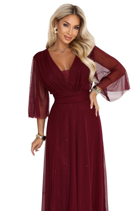 654-6 Długa połyskująca sukienka plus size z dekoltem i transparentnym rękawkiem - bordowa Numoco basic