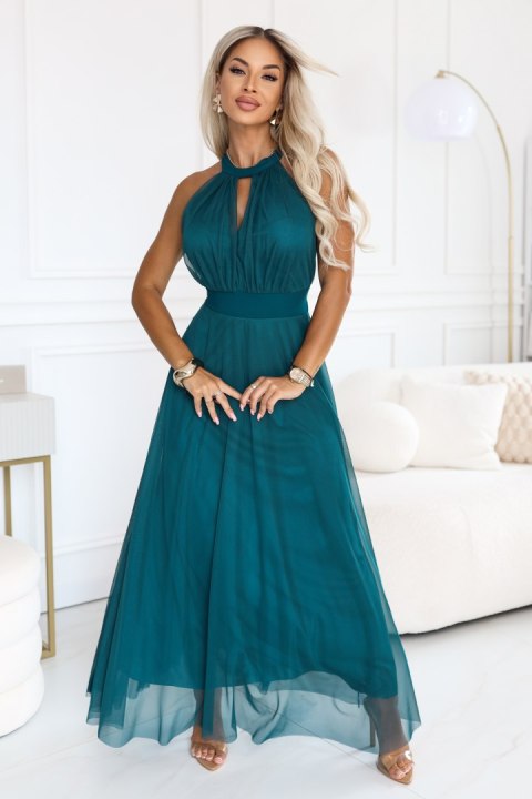 662-4 Elegancka sukienka wieczorowa maxi halter z tiulem i wiązaniem w talii - zielona Numoco basic