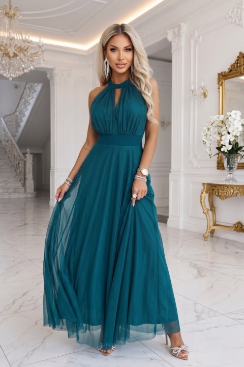 662-4 Elegancka sukienka wieczorowa maxi halter z tiulem i wiązaniem w talii - zielona Numoco basic